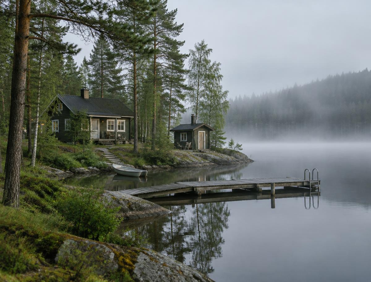 Järvenrantamökki aamusumussa
